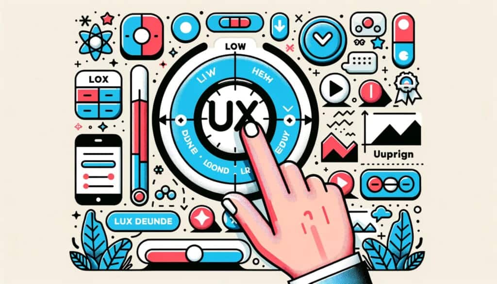 Vector design of various web elements such as buttons, sliders, and icons transitioning from outdated designs to modern, user-friendly styles. A hand adjusts a dial labeled 'UX' from low to high.