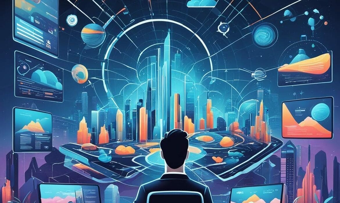 An image of a futuristic digital landscape with AI-powered algorithms analyzing customer behavior patterns to personalize marketing strategies. The landscape should include computer-generated visuals of data streams, machine learning models, and personalized advertisements appearing on screens.