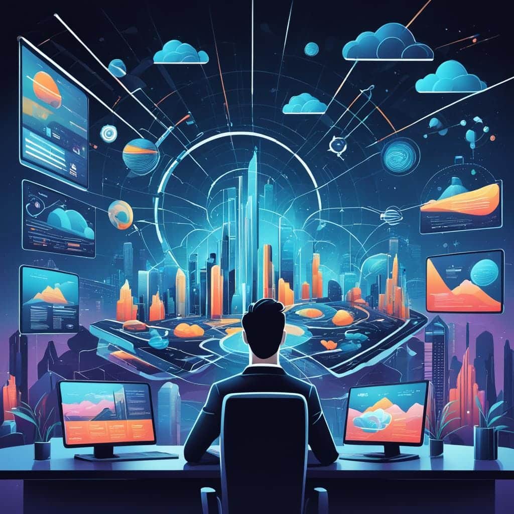 An image of a futuristic digital landscape with AI-powered algorithms analyzing customer behavior patterns to personalize marketing strategies. The landscape should include computer-generated visuals of data streams, machine learning models, and personalized advertisements appearing on screens.